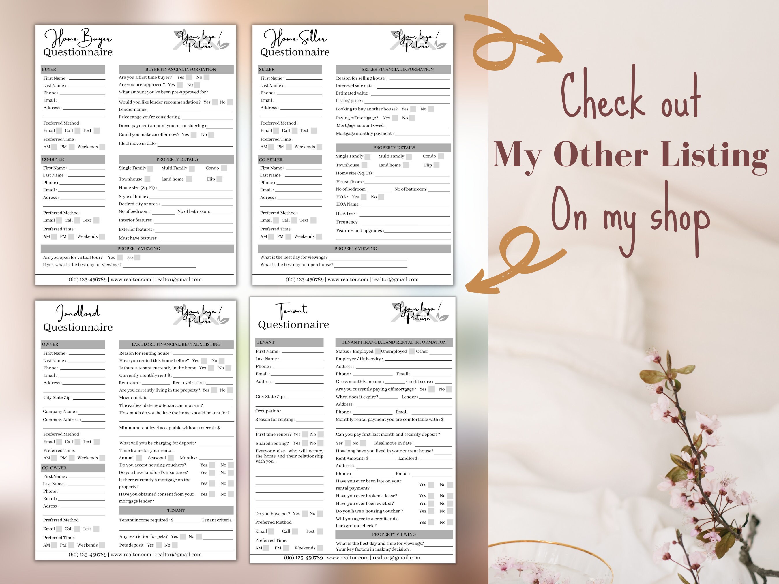 Landlord Home Rental Real Estate Questionnaire Application Sheet Form ...