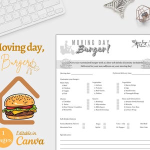 May include: A printable checklist for ordering a custom burger with a 2-liter soft drink. The checklist includes options for the main patty, cheese, vegetables, sauces, buns, and drinks. The text on the checklist says "Moving Day Burger!" and "Get your customized burger with a 2 liter soft drinks (Gratuity included) Delivered to your new address on your moving day!"