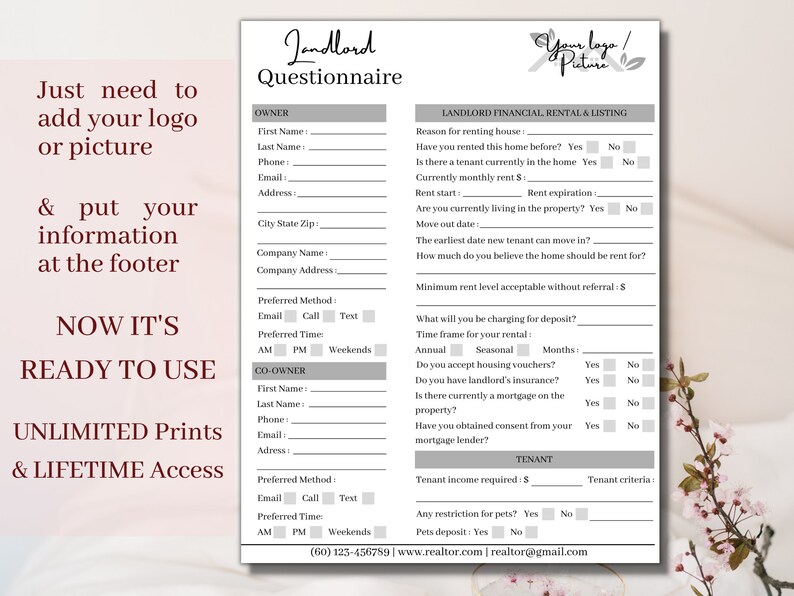 Questionnaire About Rent Landlord Home Rental Real Estate Questionnaire Application Sheet Form ...