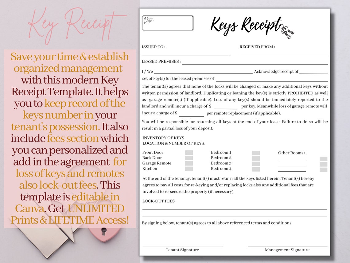 Key Receiving Form Receipt of Keys, Tenant Rental Lease Property Keys Management Agreement ...