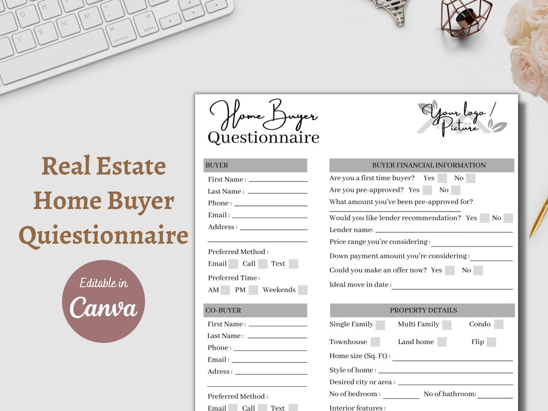 Home Buyer Real Estate Questionnaire Sheet Form, Realtor Clients