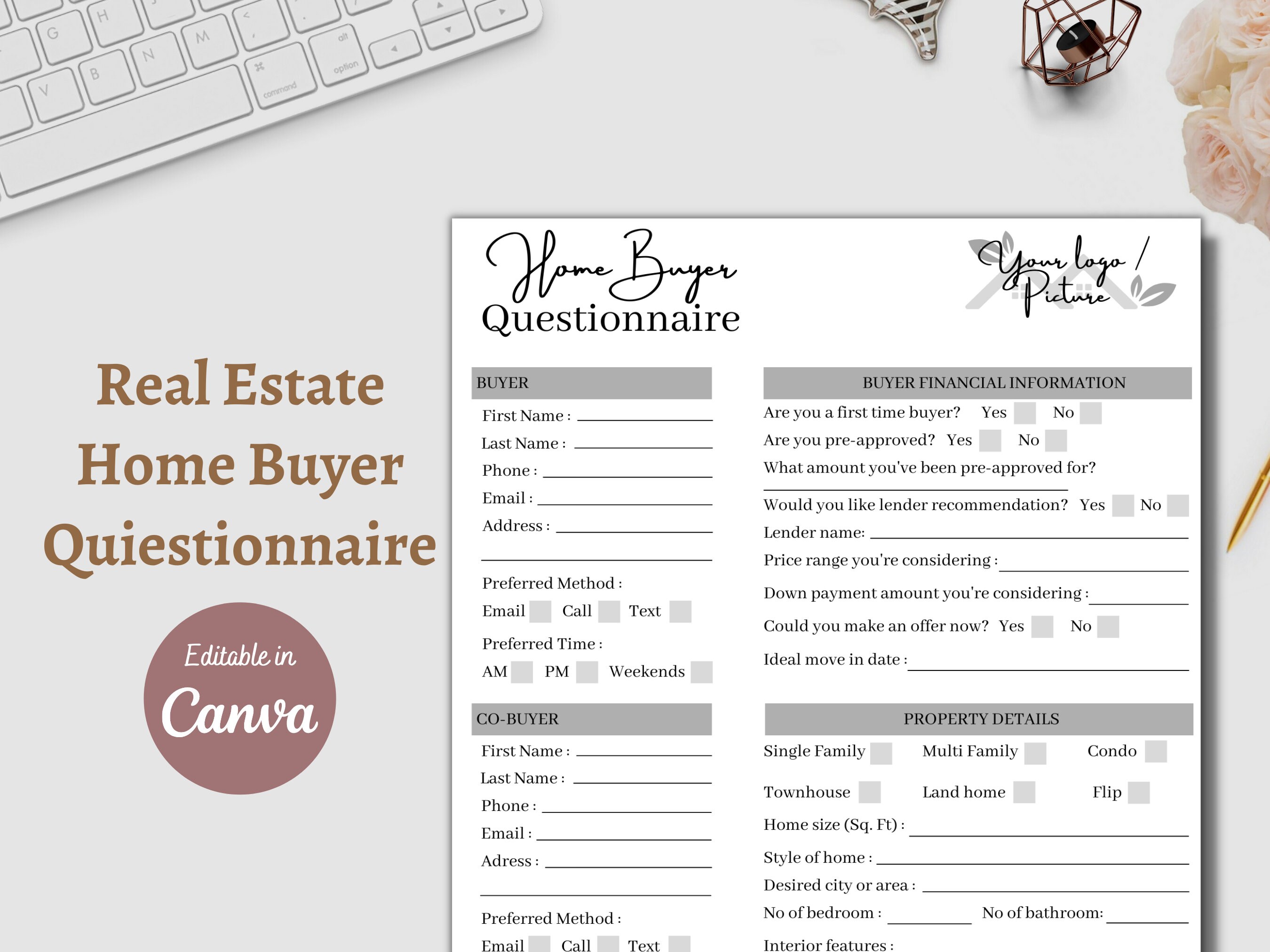 Home Buyer Real Estate Questionnaire Sheet Form, Realtor Clients Editable Printable Template, House Buying Branding, Canva property buyer