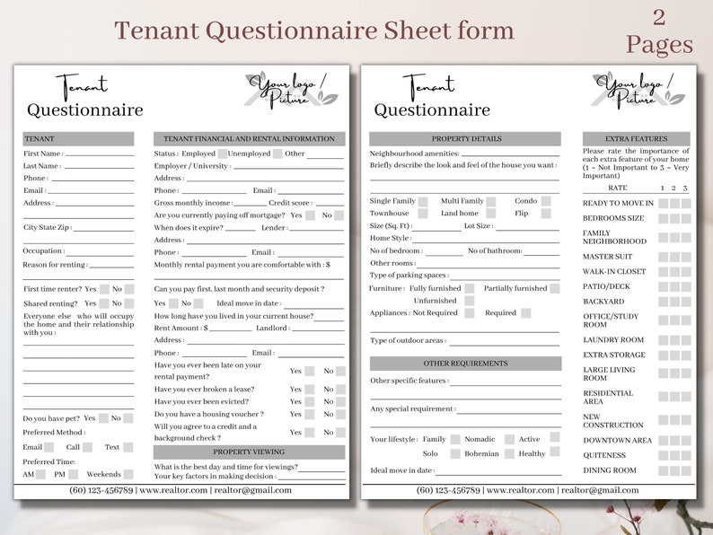 Tenant Rental Home Real Estate Questionnaire Application Sheet Forms