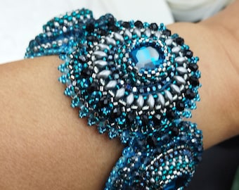 Wrap Rhinestone Blue Beaded Bracelet Chic Large Festive Bracelet. height 5 cm