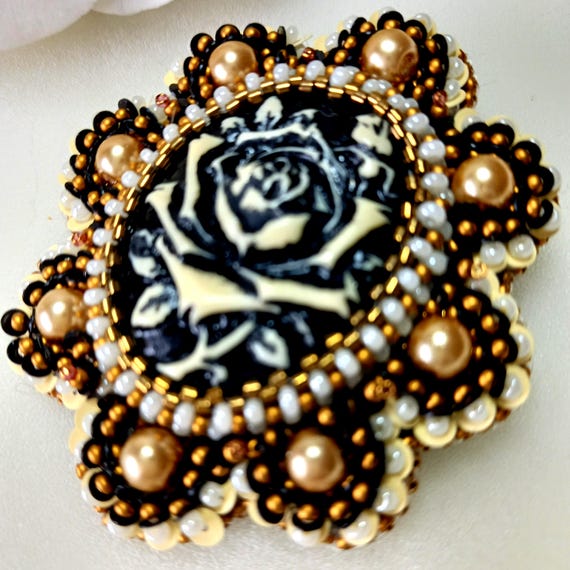 Broche Fantaisie Ancienne Ovale Noire - Bijou Vintage Occasion - Sans Marque