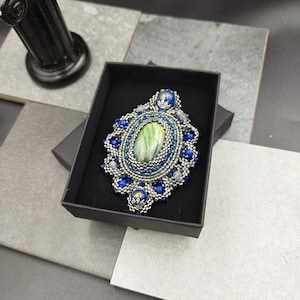 Yellow Labradorite Gemstone Brooch with Intricate Embroidery and Beading. 8-5.5 cm