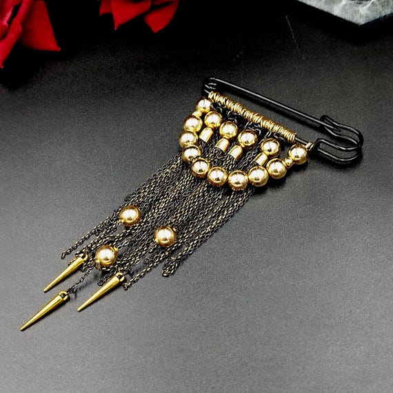 Elegant Black Fringe Brooch With Gold Beads- Handcrafted  display picture 3