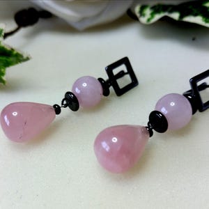 Geometric Rose Quartz Drop Earrings; Black Tone Costume Jewelry for Elegant Everyday Wear.