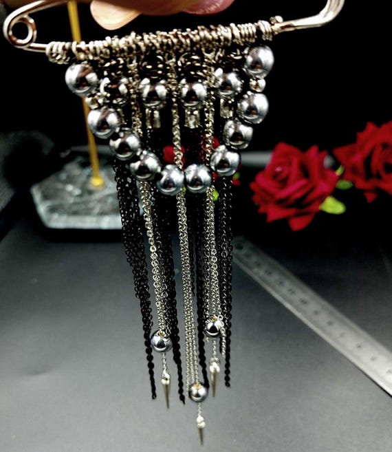 Elegant Silver Fringe Brooch With Beads- Handcrafted 