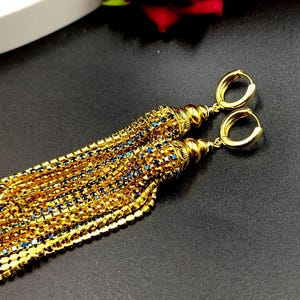 Elegante Blaue und Gold Strass Quaste Ohrringe - Chic Glamouröse funkelnde Accessoires.