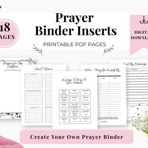 Pode incluir: Um conjunto de 18 encartes imprimíveis para fichário de oração em formato PDF. As páginas apresentam texto preto em fundos brancos com títulos como Prayers for My Children, Heart Share, 15 Ways To Pray For Your Husband e Count My Blessings.