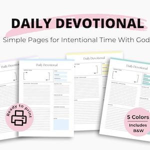 以下が含まれることがあります： Daily DevotionalおよびSimple Pages for Intentional Time With Godというテキストが記載されたデイリーデボーションプランナーページセット。ページには、聖句、日付、箇所、参照、振り返り、適用、感謝、許し、祈りの答え、メモのセクションが含まれています。5色展開で、白黒オプションも含まれています。