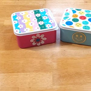 May include: Two rectangular lunch boxes. One is pink with a floral design and a large flower on the front. The other is light blue with a smiley face and a lid covered in colorful smiley faces. Both have white rims.