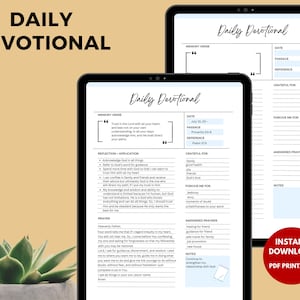 May include: Printable daily devotional journal with a blue and white design. The journal includes sections for a memory verse, date, passage, reference, grateful for, forgive me for, answered prayers, and notes.