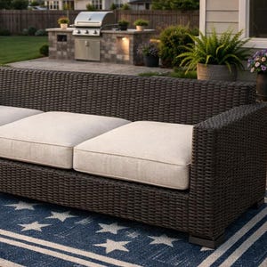 May include: A dark brown wicker outdoor sofa with three cream-colored cushions. The sofa sits on a wooden deck, above a blue rug with white stars and stripes. The scene is set in a backyard with a grill and string lights.