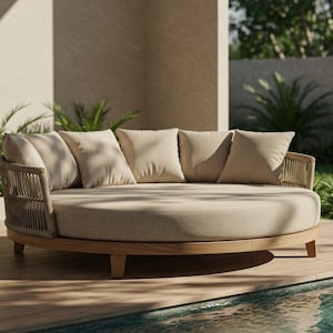 Peut inclure: Un lit de jour rond en osier et bois beige avec des coussins beiges. Le lit de jour est sur une terrasse en bois à côté d'une piscine.
