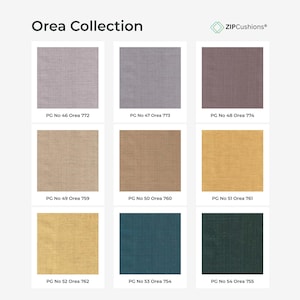 May include: The Orea Collection by ZIPCushions displays nine square fabric swatches in a grid. Colors include light gray, medium gray, dark gray, beige, tan, yellow, gold, teal, and dark green. Each swatch is labeled with its specific code.