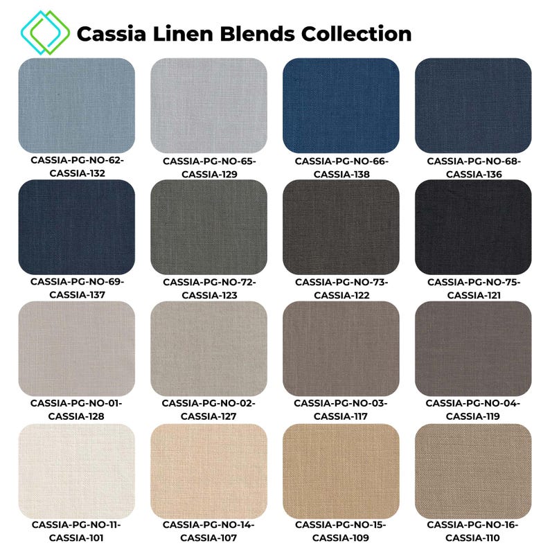Cassia Linen Blends Collection featuring 16 fabric swatches arranged in a grid, each labelled with unique identification codes. The collection highlights a variety of textures and shades, offering versatile options for home decor projects.