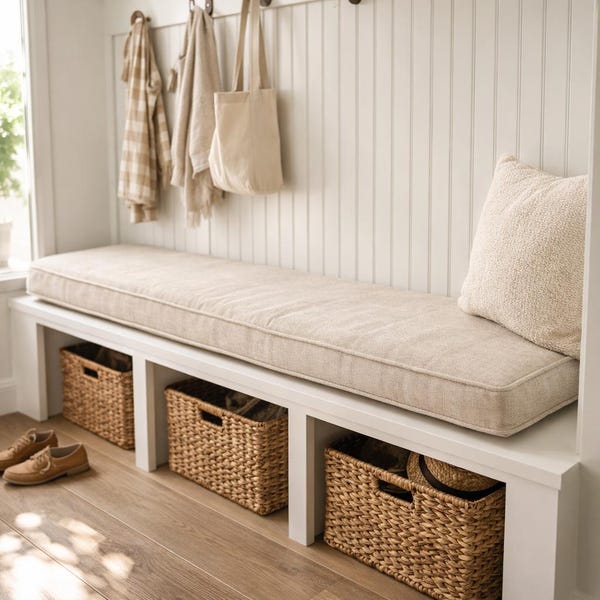 Custom Mudroom Bench Cushion – Any Size | Non-Slip | Anti-Skid | Velvet, Chenille, Linen Fabric