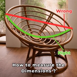 Guide on measuring PAPASAN chair dimensions correctly, showing a wicker chair frame with a green line for proper measurement along the curve and a red line illustrating incorrect measurement across the diameter.