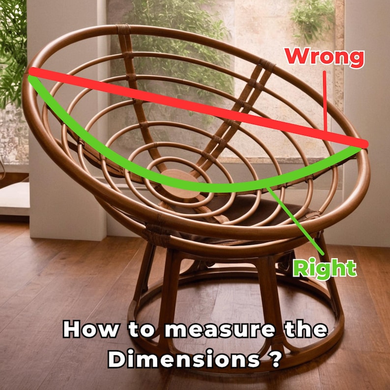 Guide on measuring PAPASAN chair dimensions correctly, showing a wicker chair frame with a green line for proper measurement along the curve and a red line illustrating incorrect measurement across the diameter.