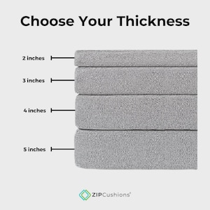 May include: A stack of four grey foam cushions with the text Choose Your Thickness at the top. Labels indicate thicknesses of 2 inches, 3 inches, 4 inches, and 5 inches. The logo for ZIPCushions is visible at the bottom of the graphic display.