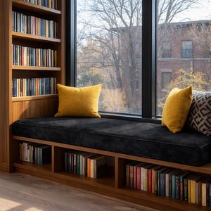 May include: A window seat with a black cushion and two yellow cushions. The seat is surrounded by bookshelves filled with books. A large window offers a view of a tree-lined street. The seat is made of wood.