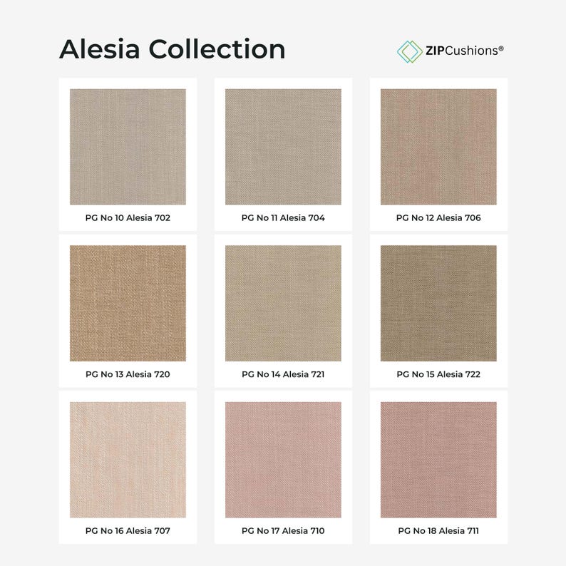 May include: The Alesia Collection by ZIPCushions displays nine square fabric swatches in neutral and muted pink tones. Each swatch is labeled with its specific code, ranging from PG No 10 Alesia 702 to PG No 18 Alesia 711, showcasing varied textures.