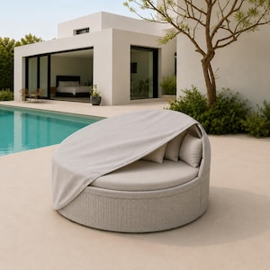 May include: A round outdoor daybed featuring a light gray woven base and a matching circular cushion. The piece includes a retractable fabric canopy cover in a light gray tone and three plush back cushions arranged along the interior curve.