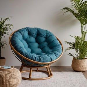 Cozy PAPASAN chair cushion with a tufted round design, ideal as a floor cushion, swing cushion, or decorative floor pillow. The soft linen PAPASAN chair pillow offers comfort and style, perfect for indoor lounging or patio seating.