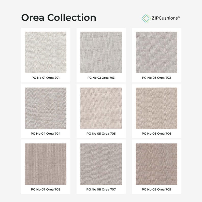 May include: The Orea Collection by ZIPCushions displays nine fabric swatches in a grid. Each square features a neutral-toned textile with a visible weave pattern, labeled with specific codes ranging from PG No 01 Orea 701 to PG No 09 Orea 709.
