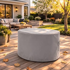 May include: A light gray, cylindrical outdoor furniture cover made of a smooth, solid-colored fabric. The cover features a flat top and straight sides that extend down to the wooden deck surface, providing a protective layer for a round table.