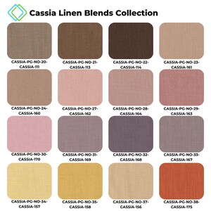 Cassia Linen Blends Collection featuring 16 fabric swatches arranged in a grid, each labelled with unique identification codes. The collection highlights a variety of textures and shades, offering versatile options for home decor projects.