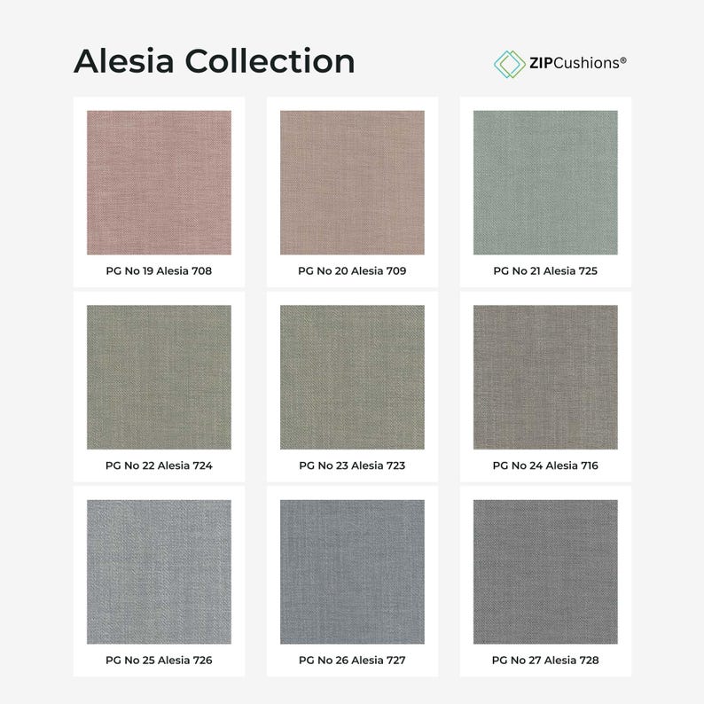 May include: A grid of nine fabric swatches from the Alesia Collection by ZIPCushions. Each square displays a unique solid color with a woven texture, labeled with specific codes ranging from PG No 19 Alesia 708 to PG No 27 Alesia 728.