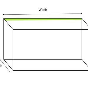May include: A black line drawing of a rectangular box shape on a white background. The diagram includes labels for Width, Height, and Depth with arrows indicating the dimensions. A thin lime green horizontal line is visible along the top edge.