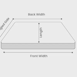 May include: Diagram showing a rectangular object with labels indicating dimensions: Angled Side, Back Width, Length, Front Width, and Thickness. The object is light grey on a light grey background. Black text labels.