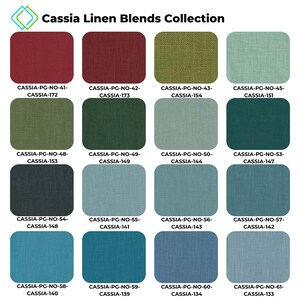 Cassia Linen Blends Collection featuring 16 fabric swatches arranged in a grid, each labelled with unique identification codes. The collection highlights a variety of textures and shades, offering versatile options for home decor projects.