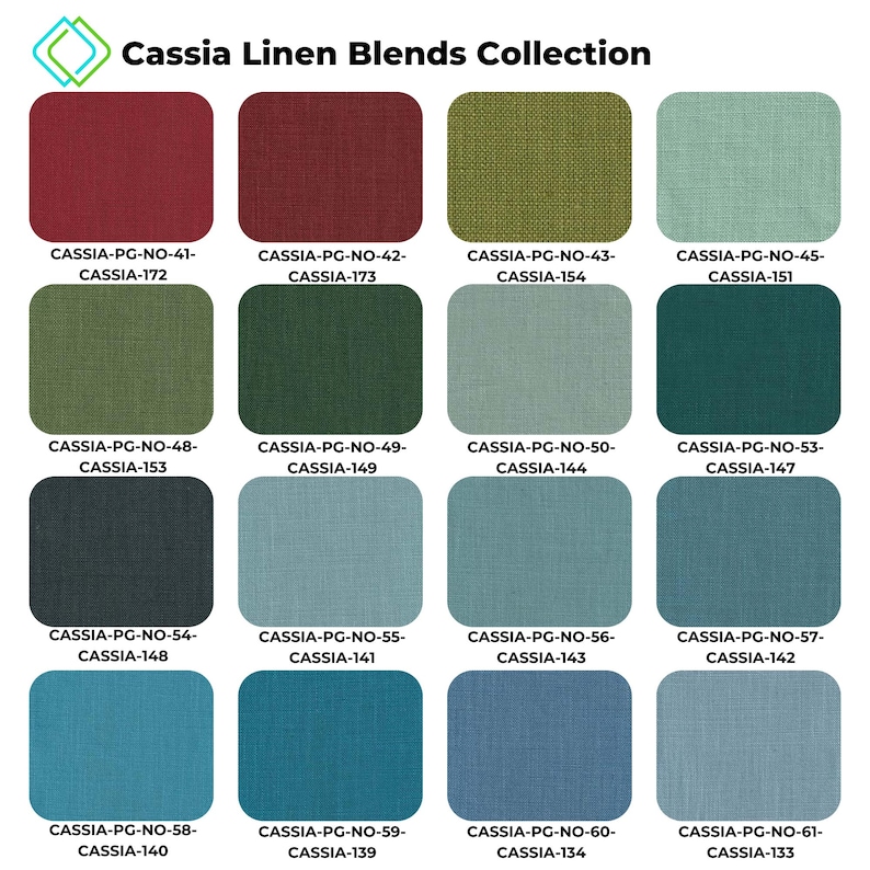Cassia Linen Blends Collection featuring 16 fabric swatches arranged in a grid, each labelled with unique identification codes. The collection highlights a variety of textures and shades, offering versatile options for home decor projects.