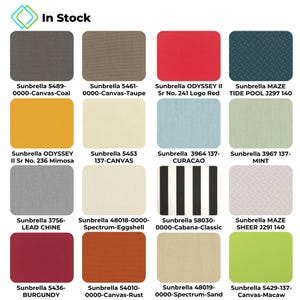 Sunbrella fabric swatch used in all-season outdoor cushions—pet-safe, easy to clean, and built to withstand the elements.