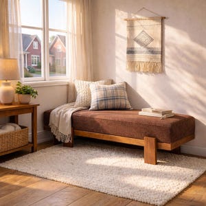 May include: A cozy living room scene featuring a brown upholstered daybed with wooden legs, adorned with pillows and a blanket. A woven wall hanging and a fluffy white rug add texture. A side table with a lamp and a window with a view complete the inviting space.