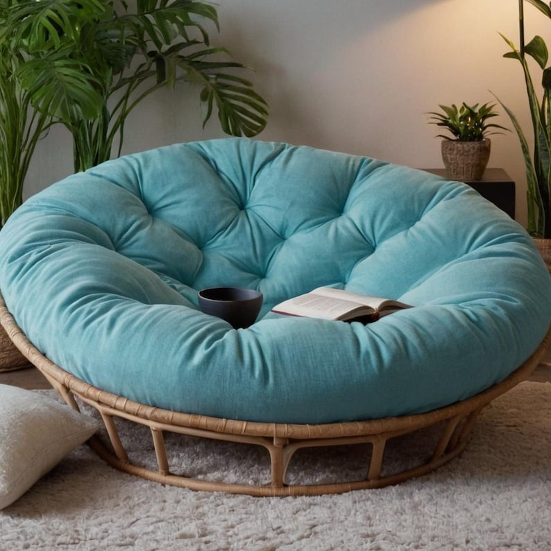 Plush PAPASAN chair cushion with a tufted, round design made from soft linen fabric. Ideal as a floor cushion, swing cushion, or PAPASAN chair pillow, it adds comfort and style for indoor lounging, cozy boho decor, or patio seating. custom cushion by ZIPCushions