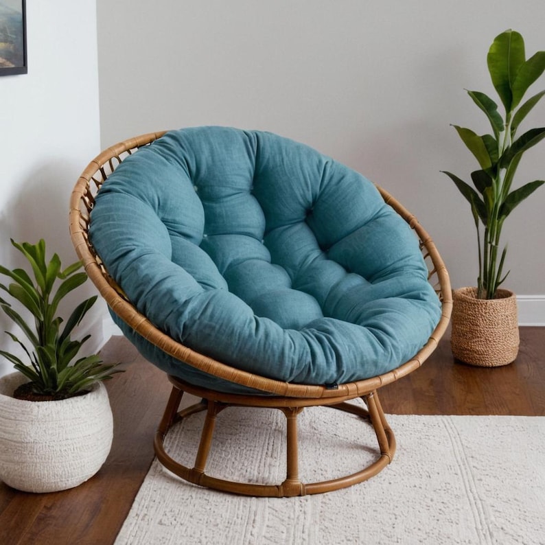 Cozy PAPASAN chair cushion with a tufted round design, ideal as a floor cushion, swing cushion, or decorative floor pillow. The soft linen PAPASAN chair pillow offers comfort and style, perfect for indoor lounging or patio seating.