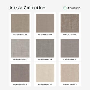 May include: A grid of nine fabric swatches from the Alesia Collection by ZIPCushions. Each square displays a different neutral tone, including beige, gray, taupe, and cream, labeled with specific codes like PG No 01 Alesia 705 through PG No 09 Alesia 703.
