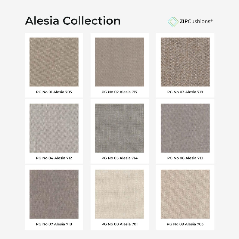 May include: A grid of nine fabric swatches from the Alesia Collection by ZIPCushions. Each square displays a different neutral tone, including beige, gray, taupe, and cream, labeled with specific codes like PG No 01 Alesia 705 through PG No 09 Alesia 703.