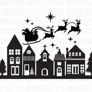 Pueblos navideños SVG, pueblo navideño SVG, escena navideña SVG, Navidad SVG, descarga digital, Cricurt, archivo Silhouette