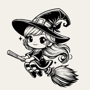 May include: Black and white illustration of a cartoon witch riding a broom. The witch wears a pointed hat with a buckle, a dress, and striped stockings. Long flowing hair and sparkling stars add to the whimsical design.