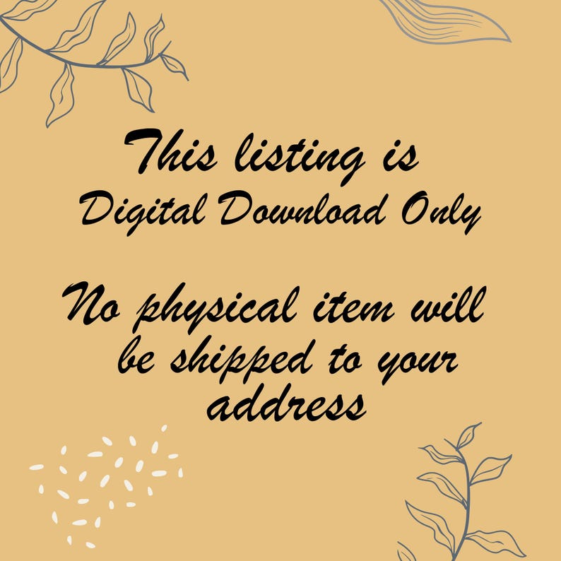 Pode incluir: An&uacute;ncio de listagem de download digital em um fundo bege. O texto diz: "Esta listagem &eacute; apenas um download digital. Nenhum item f&iacute;sico ser&aacute; enviado para o seu endere&ccedil;o."