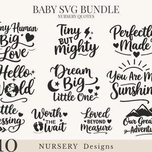 Pacote de arquivos SVG para bebês com frases para decoração de quarto infantil, SVG "Sonhe Grande, Pequenino(a)", Arquivos de corte "Olá Mundo, Bebê", Arquivos Cricut para chá de bebê, Frases neutras para quarto de bebê.