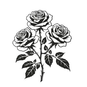 Può includere: Illustrazione in bianco e nero di tre rose con petali e foglie dettagliati. Le rose sono disposte su uno stelo con spine, creando un design floreale classico. Rappresentazione grafica di un bouquet di rose.