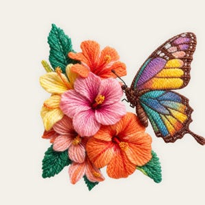 May include: Embroidered artwork featuring a colorful butterfly with wings in shades of yellow, purple, blue, and orange. The butterfly rests on a bouquet of pink, orange, and yellow flowers with green leaves. The artwork is set against a white background.